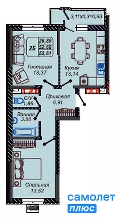 
  Продается 2-комн. квартира 53.62 м², в ЖК Парковый, литер 1. Фото 7.