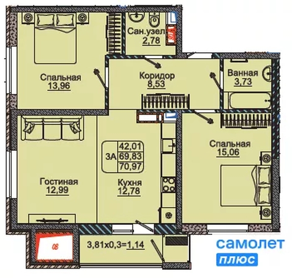 
  Продается 3-комн. квартира 71 м², в ЖК Парковый, литер 1. Фото 7.