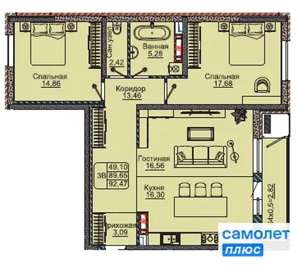 
  Продается 3-комн. квартира 92.5 м², в ЖК Парковый, литер 1. Фото 7.