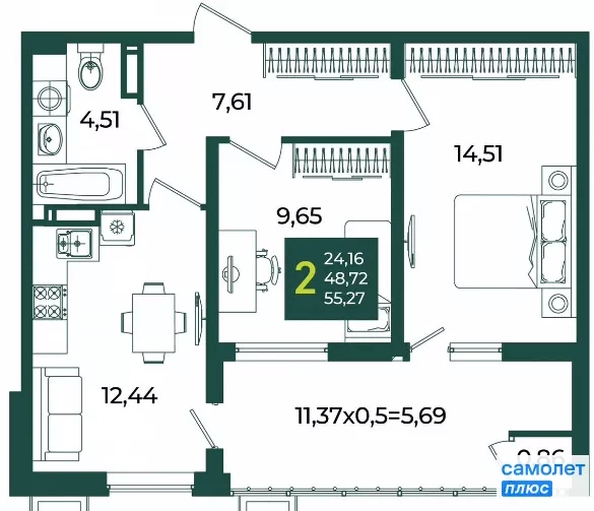 
  Продается 2-комн. квартира 55.3 м², в ЖК Образцово, дом 3. Фото 17.