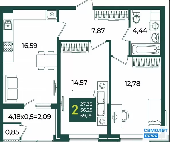 
  Продается 2-комн. квартира 59.2 м², в ЖК Образцово, дом 3. Фото 17.