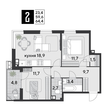 
  Продается 2-комн. квартира 64.4 м², в ЖК Парк Победы 2, литера 21. Фото 1.