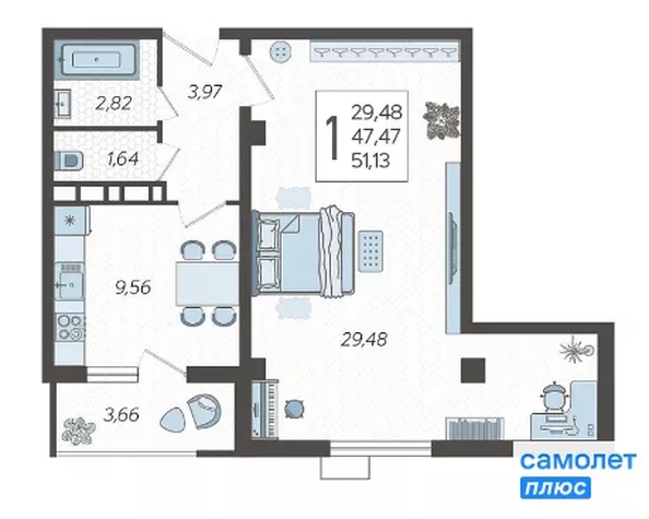 
  Продается 1-комн. квартира 51.13 м², в ЖК Режиссёр, литера 3. Фото 9.
