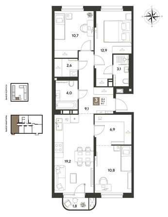 
  Продается 3-комн. квартира 81.1 м², в ЖК ГРЕЙД, литер 14. Фото 1.