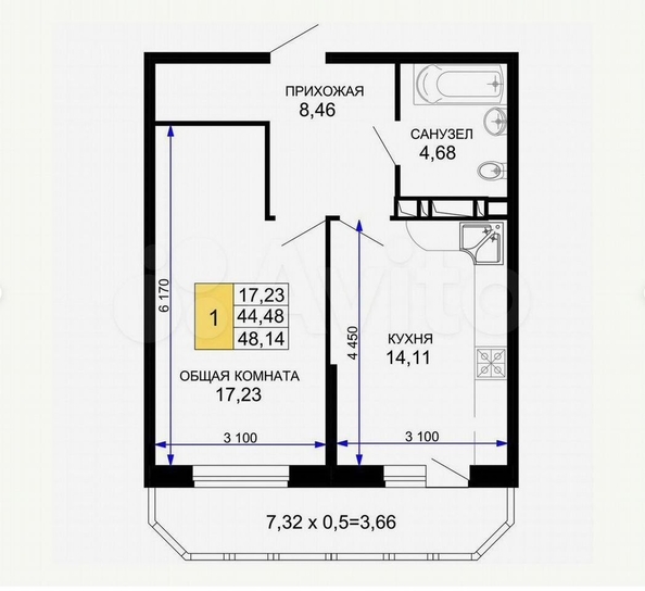
  Продается 1-комн. квартира 48.1 м². Фото 10.