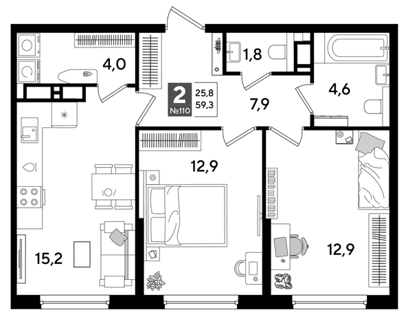 
  Продается 2-комн. квартира 58.8 м², в ЖК ДОГМА ПАРК, литера 15. Фото 1.