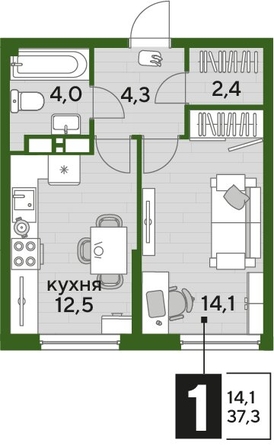 
  Продается 1-комн. квартира 36.7 м², в ЖК ДОГМА ПАРК, литера 18. Фото 1.