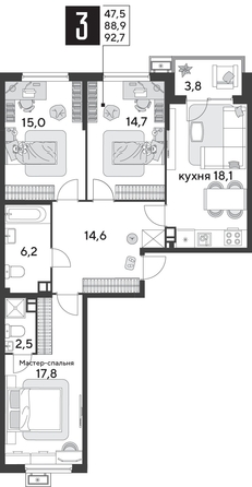 
  Продается 3-комн. квартира 92.7 м², в ЖК Парк Победы 2, литера 31. Фото 1.