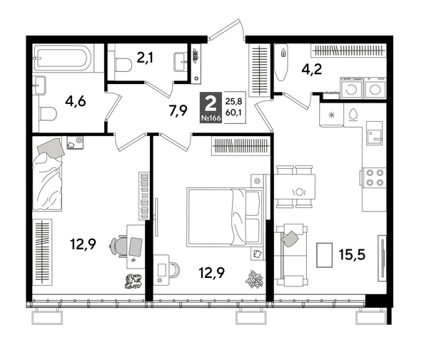 
  Продается 2-комн. квартира 59.7 м², в ЖК ДОГМА ПАРК, лит 17. Фото 1.