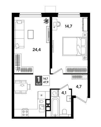 
  Продается 1-комн. квартира 47.3 м², в ЖК ДОГМА ПАРК, литера 18. Фото 1.