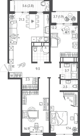 
  Продается 3-комн. квартира 93.05 м², в ЖК Все Свои ВИП, литера 3. Фото 1.