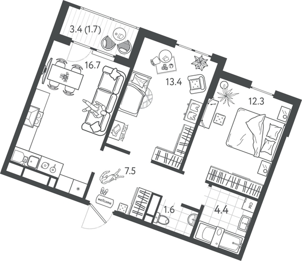 
  Продается 2-комн. квартира 57.45 м², в ЖК Все Свои ВИП, литер 7. Фото 1.