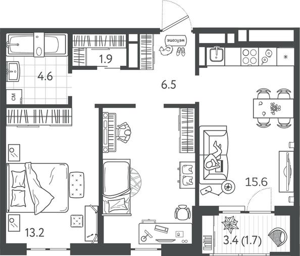 
  Продается 2-комн. квартира 56.15 м², в ЖК Все Свои ВИП, литер 7. Фото 1.