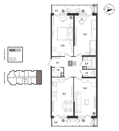 
  Продается 3-комн. квартира 95.5 м², в ЖК Рекорд 2, литера 3. Фото 1.