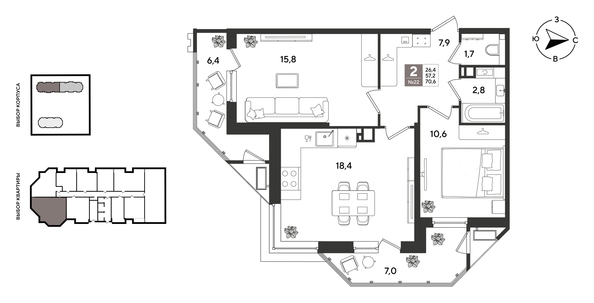 
  Продается 2-комн. квартира 70.6 м², в ЖК Рекорд 2, литера 3. Фото 1.