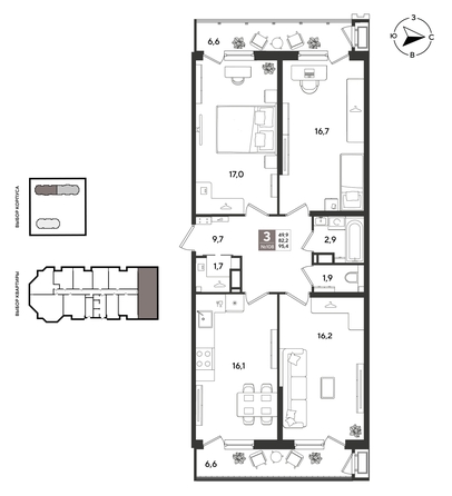 
  Продается 3-комн. квартира 95.4 м², в ЖК Рекорд 2, литера 3. Фото 1.