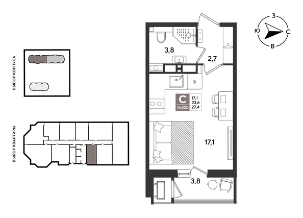 
  Продается студия 27.4 м², в ЖК Рекорд 2, литера 3. Фото 1.