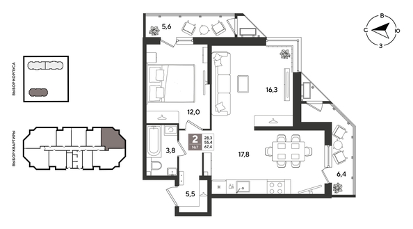 
  Продается 2-комн. квартира 67.4 м², в ЖК Рекорд 2, литера 4. Фото 1.