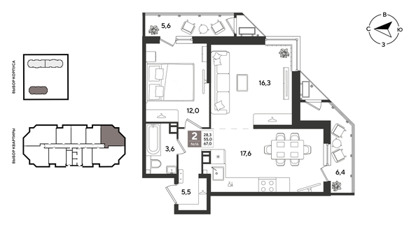 
  Продается 2-комн. квартира 67 м², в ЖК Рекорд 2, литера 4. Фото 1.