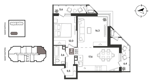 
  Продается 2-комн. квартира 67 м², в ЖК Рекорд 2, литера 4. Фото 1.
