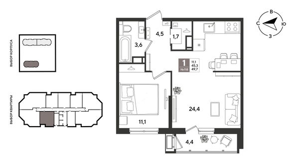 
  Продается 1-комн. квартира 49.7 м², в ЖК Рекорд 2, литера 4. Фото 1.