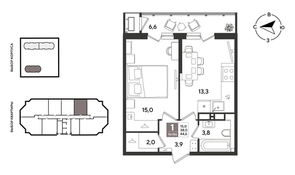 
  Продается 1-комн. квартира 44.6 м², в ЖК Рекорд 2, литера 4. Фото 1.
