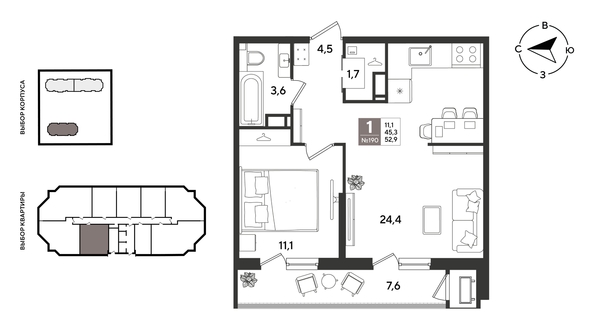 
  Продается 1-комн. квартира 52.9 м², в ЖК Рекорд 2, литера 4. Фото 1.