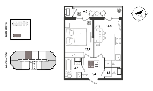 
  Продается 1-комн. квартира 44.6 м², в ЖК Рекорд 2, литера 4. Фото 1.