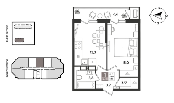 
  Продается 1-комн. квартира 44.6 м², в ЖК Рекорд 2, литера 4. Фото 1.