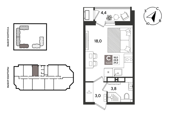 
  Продается студия 29.2 м², в ЖК Рекорд 2, литера 5. Фото 1.