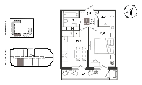 
  Продается 1-комн. квартира 44.4 м², в ЖК Рекорд 2, литера 5. Фото 1.