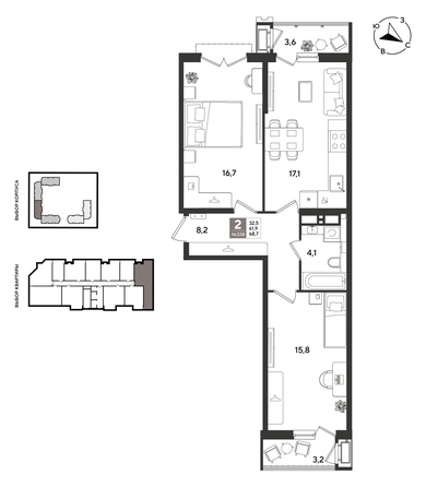 
  Продается 2-комн. квартира 68.7 м², в ЖК Рекорд 2, литера 5. Фото 1.