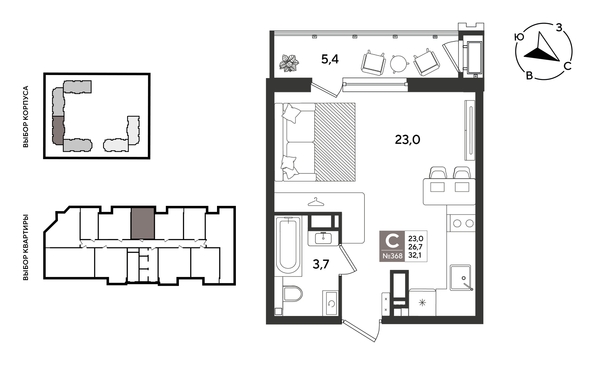 
  Продается студия 32.1 м², в ЖК Рекорд 2, литера 5. Фото 1.