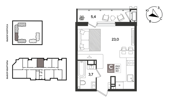 
  Продается студия 32.1 м², в ЖК Рекорд 2, литера 5. Фото 1.