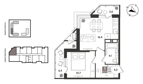 
  Продается 1-комн. квартира 46.8 м², в ЖК Рекорд 2, литера 5. Фото 1.