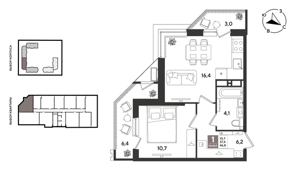 
  Продается 1-комн. квартира 46.8 м², в ЖК Рекорд 2, литера 5. Фото 1.