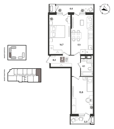 
  Продается 2-комн. квартира 71.7 м², в ЖК Рекорд 2, литера 5. Фото 1.