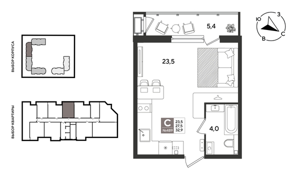 
  Продается студия 32.9 м², в ЖК Рекорд 2, литера 5. Фото 1.