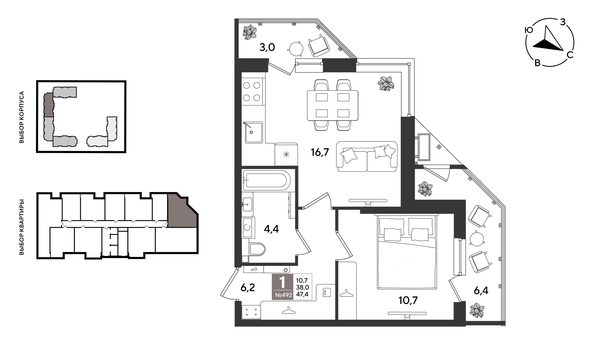 
  Продается 1-комн. квартира 47.4 м², в ЖК Рекорд 2, литера 5. Фото 1.