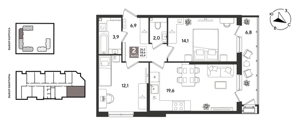 
  Продается 2-комн. квартира 65.4 м², в ЖК Рекорд 2, литера 5. Фото 1.