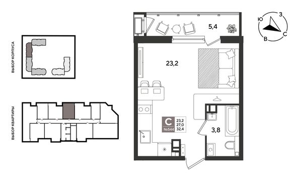 
  Продается студия 32.4 м², в ЖК Рекорд 2, литера 5. Фото 1.