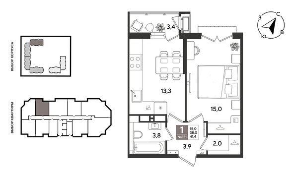 
  Продается 1-комн. квартира 41.4 м², в ЖК Рекорд 2, литера 5. Фото 1.
