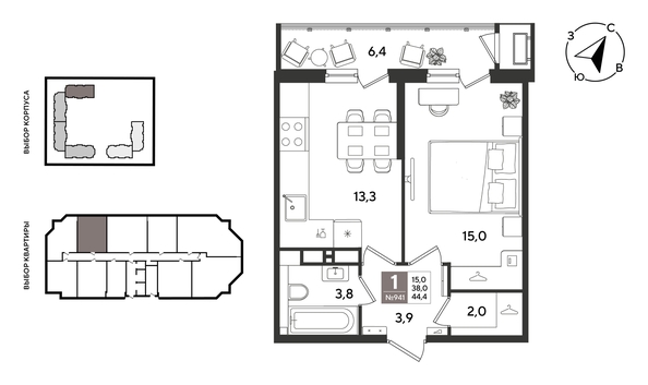 
  Продается 1-комн. квартира 44.4 м², в ЖК Рекорд 2, литера 5. Фото 1.