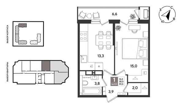 
  Продается 1-комн. квартира 44.6 м², в ЖК Рекорд 2, литера 5. Фото 1.