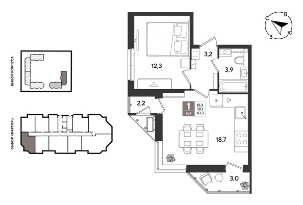 
  Продается 1-комн. квартира 43.3 м², в ЖК Рекорд 2, литера 6. Фото 1.