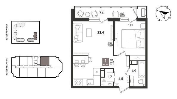 
  Продается 1-комн. квартира 51.7 м², в ЖК Рекорд 2, литера 6. Фото 1.