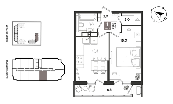 
  Продается 1-комн. квартира 44.6 м², в ЖК Рекорд 2, литера 6. Фото 1.