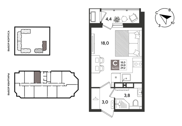 
  Продается студия 29.2 м², в ЖК Рекорд 2, литера 6. Фото 1.