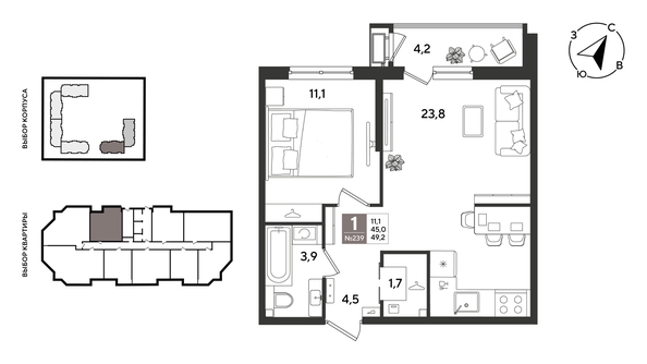 
  Продается 1-комн. квартира 49.2 м², в ЖК Рекорд 2, литера 6. Фото 1.