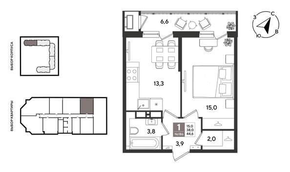 
  Продается 1-комн. квартира 44.6 м², в ЖК Рекорд 2, литера 1. Фото 1.